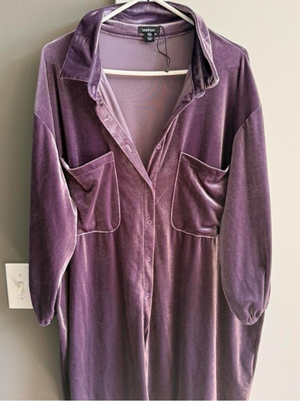 Boohoo Plush Velvet Shirt Dress in Mauve Purple